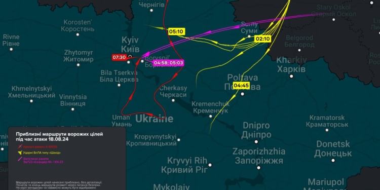 Приблизні маршрути ворожих «шахедів» та ракет під час сьогоднішньої атаки  – візуалізація від Monitor