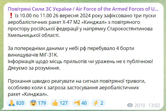 Росіяни атакували Україну «Кинджалами» - інформація щодо уражень не є публічною, - Повітряні сили ЗСУ 2