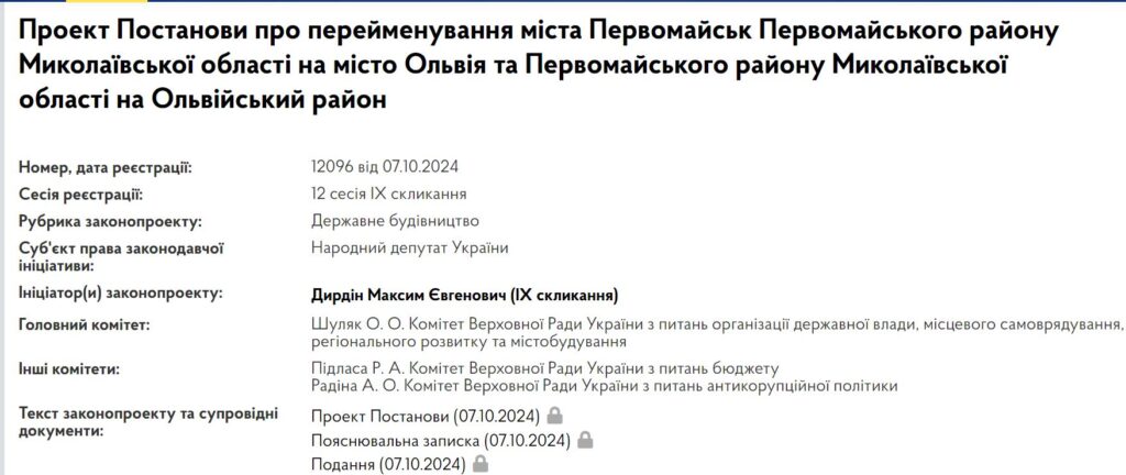 Первомайськ на Миколаївщині хочуть перейменувати в Ольвію - Дирдін подав законопроєкт 2