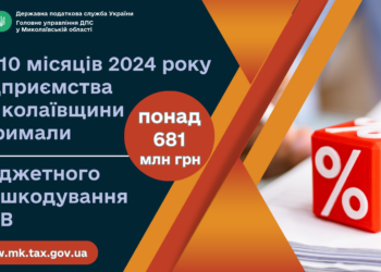 За 10 місяців 2024 року підприємства Миколаївщини отримали понад 681 млн грн бюджетного відшкодування ПДВ
