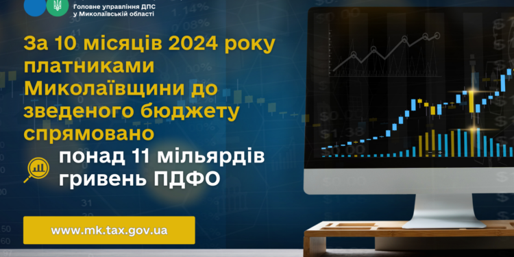 За 10 місяців 2024 року платники Миколаївщини до зведеного бюджету спрямували понад 11 млрд.грн. ПДФО