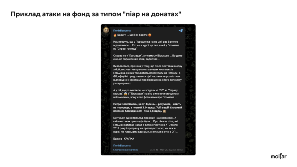 36% інформатак на військові благодійні фонди - з росії, а решта - від прихильників українських політиків, - розслідування Molfar 58