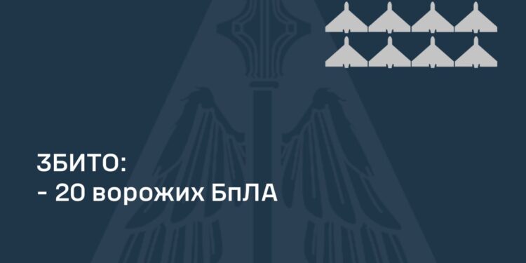 Над Україною збито 20 ворожих БпЛА з 31-го, ще 10 не досягли своїх цілей