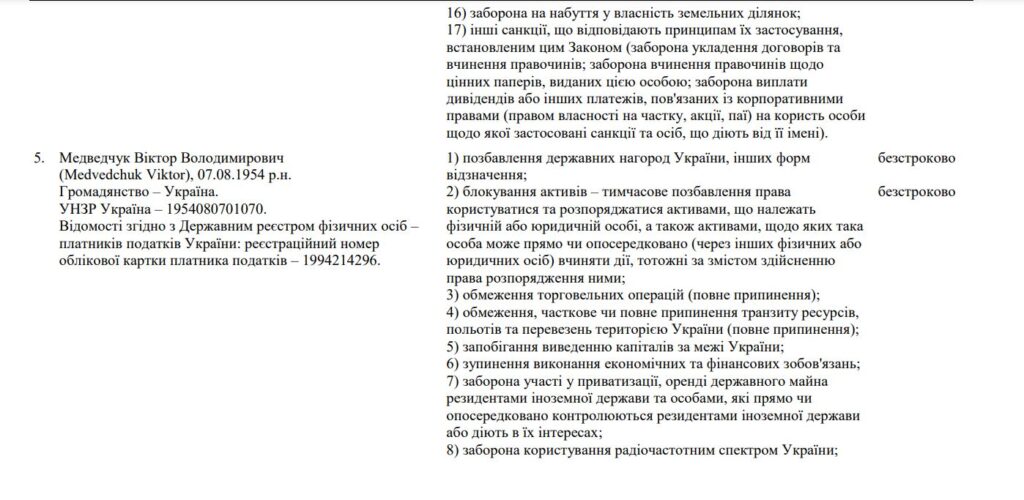 Санкції РНБО запроваджені проти Порошенка, Коломойського, Жеваго, Боголюбова та Медведчука. Безстроково 18