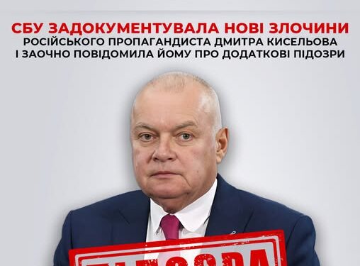 СБУ задокументувала нові злочини російського пропагандиста Дмитра Кисельова і заочно повідомила йому про додаткову підозру