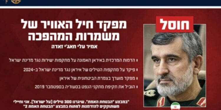 Ізраїль заявив про ліквідацію командувача ВПС Ірану, всього ліквідовано близько 20 командувачів