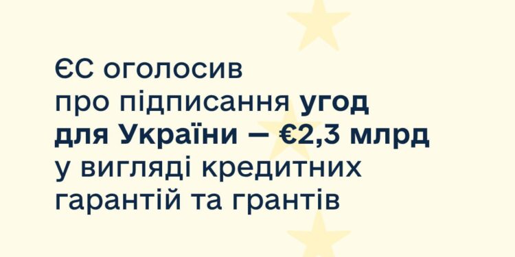 ЄС оголосив про підписання угод для України на €2,3 млрд у вигляді кредитних гарантій та грантів