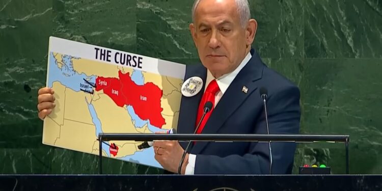 Прем’єр Ізраїлю Нетаньяху і напівпорожньому залі Генасамблеї ООН показав карту “Прокляття” (ВІДЕО)
