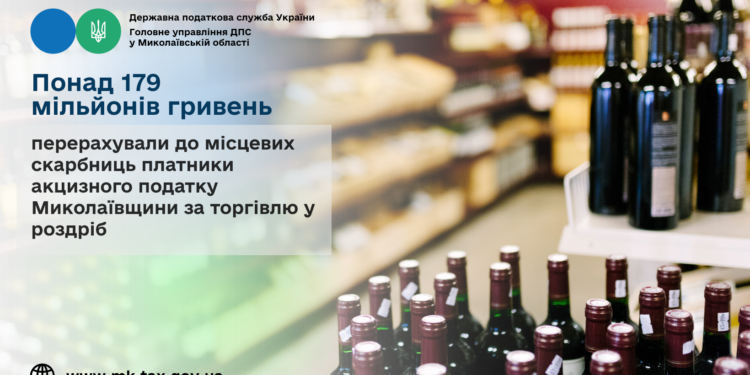Платники акцизного податку Миколаївщини перерахували до місцевих скарбниць понад 179 млн грн за торгівлю у роздріб