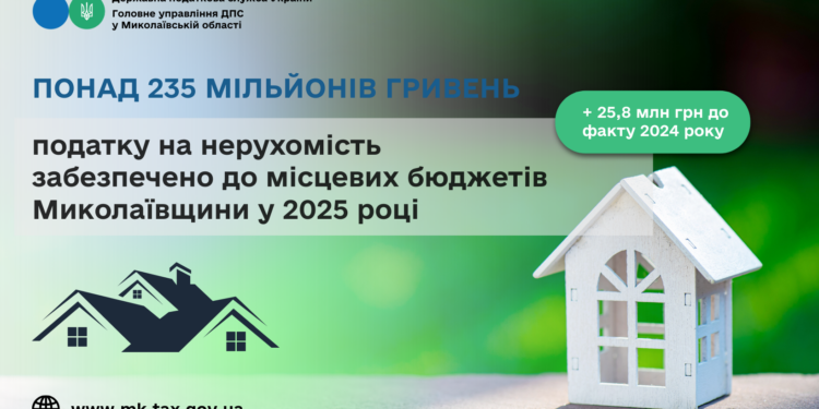У 2025 році до місцевих бюджетів Миколаївщини забезпечено понад 235 млн грн податку на нерухомість