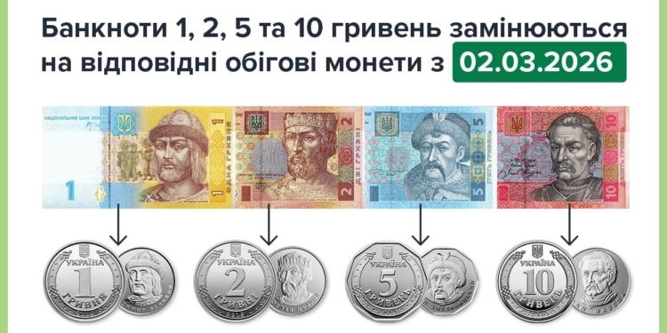З 2 березня 2026 року банкноти номіналами 1, 2, 5 та 10 гривень перестають бути платіжними засобами
