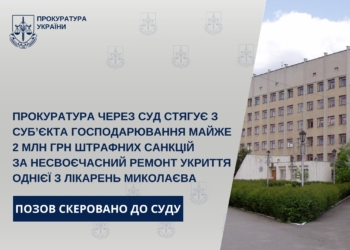 Прокуратура через суд хоче стягнути з підрядника майже 2 млн.грн. штрафу за несвоєчасний ремонт укриття однієї з лікарень Миколаєва