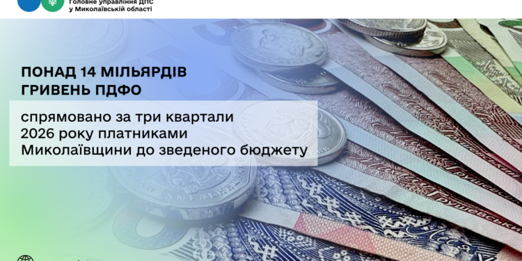 За три квартали 2026 року платниками Миколаївщини до зведеного бюджету спрямовано понад 14 млрд грн ПДФО