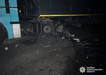 На Миколаївщині у нічній ДТП травмувалися водій та пасажирка кросовера – легковик врізався у припарковану вантажівку (ФОТО)